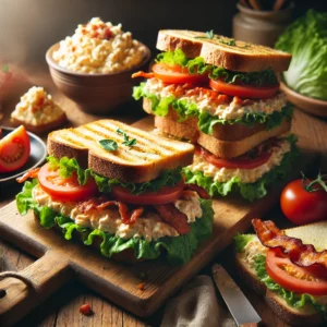 A rustic presentation of BLTs with pimiento cheese, elegantly arranged on a wooden table. The sandwiches feature crispy bacon, fresh lettuce, and ripe tomato slices layered on toasted artisan bread, generously spread with creamy, tangy pimiento cheese. Some sandwiches are stacked on a wooden cutting board, while others are sliced in half to showcase the delicious layers. Scattered around are fresh lettuce leaves, tomato slices, and a small bowl of extra pimiento cheese. Soft natural lighting enhances the warm and inviting feel, with gentle shadows and a hint of rustic kitchen elements in the background.