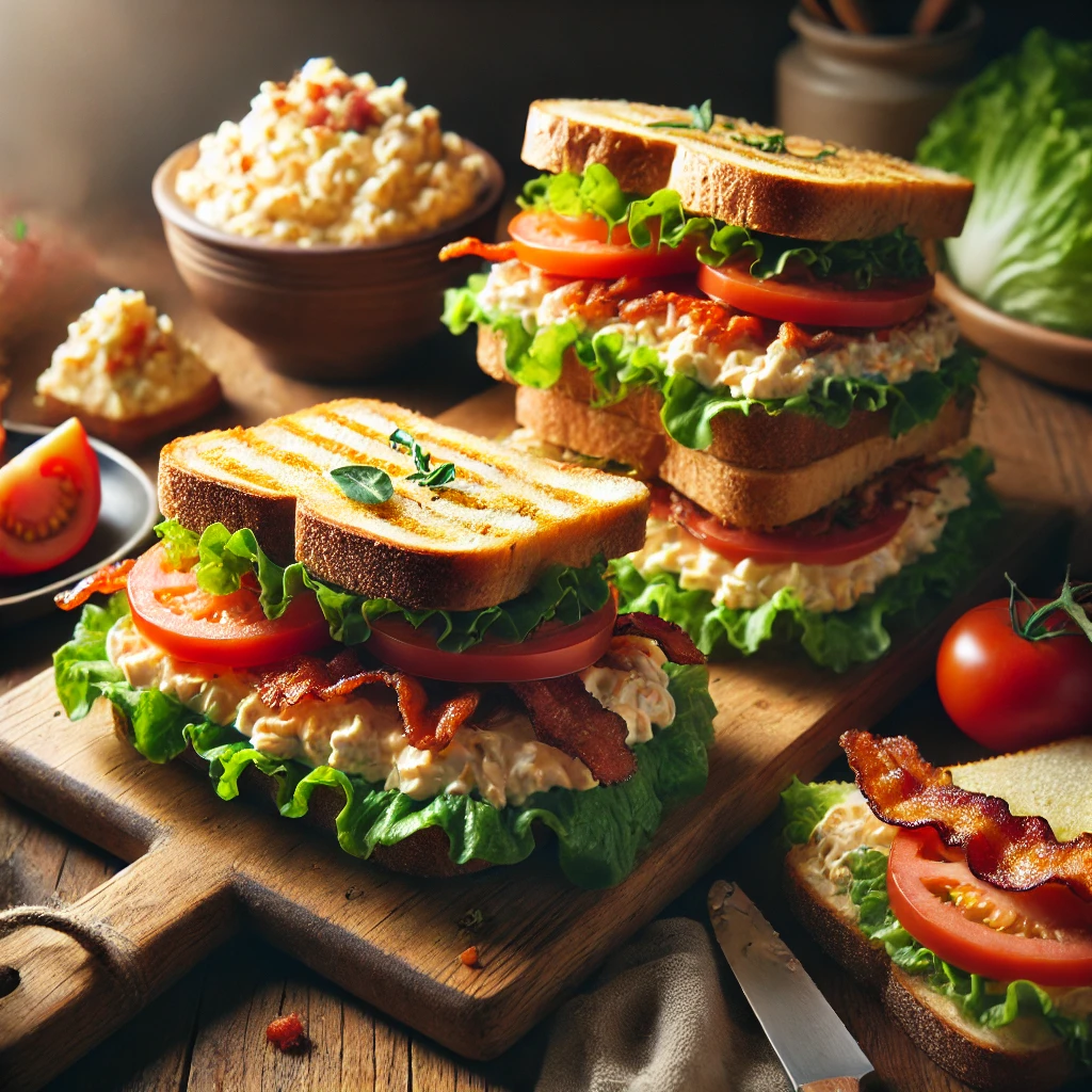 A rustic presentation of BLTs with pimiento cheese, elegantly arranged on a wooden table. The sandwiches feature crispy bacon, fresh lettuce, and ripe tomato slices layered on toasted artisan bread, generously spread with creamy, tangy pimiento cheese. Some sandwiches are stacked on a wooden cutting board, while others are sliced in half to showcase the delicious layers. Scattered around are fresh lettuce leaves, tomato slices, and a small bowl of extra pimiento cheese. Soft natural lighting enhances the warm and inviting feel, with gentle shadows and a hint of rustic kitchen elements in the background.