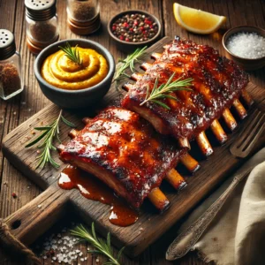 A wooden cutting board with baby back ribs glazed in a glossy mustard sauce sits on a rustic wooden table. The ribs have a caramelized crust and are garnished with fresh rosemary and cracked black pepper. A small bowl of mustard sauce is placed beside the ribs for dipping, along with a lemon wedge. The scene is accented with coarse salt, peppercorns, and a folded linen napkin, creating a hearty and inviting presentation. Soft natural light highlights the smoky textures and rich, tangy glaze of the ribs.
