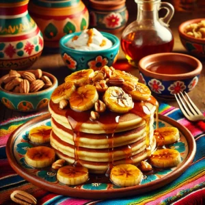 A stack of golden baby buttermilk pancakes topped with caramelized bananas and chopped Brazil nuts, drizzled with maple syrup. The pancakes are served on a colorful Mexican ceramic plate, with a cozy scene that includes Mexican textiles, pottery, and small bowls of extra maple syrup, nuts, and yogurt. Warm lighting highlights the pancakes’ fluffy texture and the rich caramelized topping, creating a festive and inviting breakfast atmosphere.