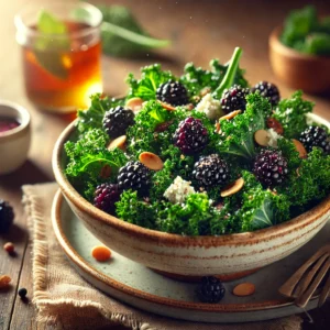 Baby Kale and Blackberry Salad in a rustic ceramic bowl, featuring tender baby kale leaves with fresh blackberries, crumbled goat cheese, and toasted almonds. Drizzled with honey balsamic dressing, set on a wooden table with extra dressing and a glass of iced herbal tea in the softly blurred background.
