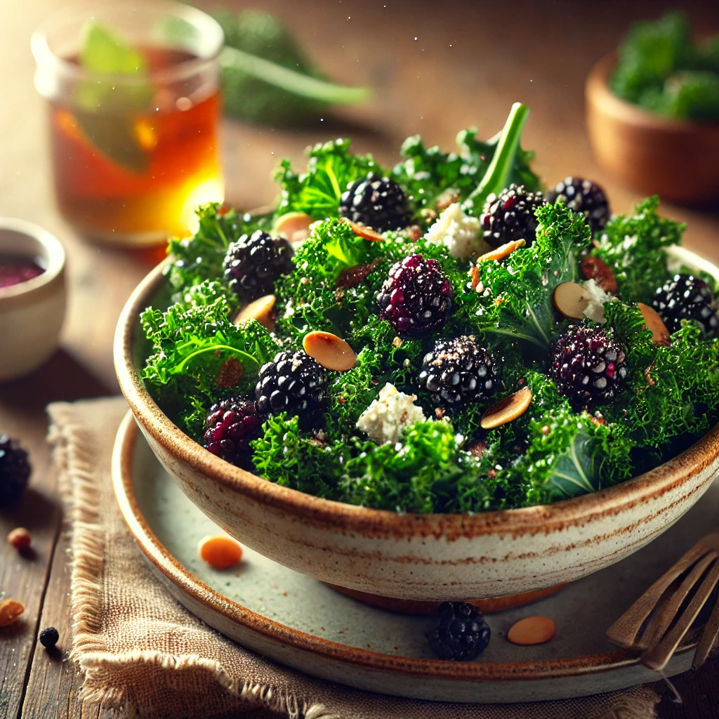 Baby Kale and Blackberry Salad in a rustic ceramic bowl, featuring tender baby kale leaves with fresh blackberries, crumbled goat cheese, and toasted almonds. Drizzled with honey balsamic dressing, set on a wooden table with extra dressing and a glass of iced herbal tea in the softly blurred background.