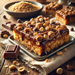 A batch of homemade Baby Ruth bars sits on a rustic wooden table. The bars are golden brown with a glossy, gooey topping made of melted chocolate and butterscotch chips swirled together, sprinkled with chopped peanuts. The bars are cut into neat squares, with a few stacked slightly for a layered look. Scattered peanuts and chocolate chips surround the setup, adding a fresh touch. A small plate holds one bar, and a folded linen napkin is placed nearby. Soft natural light emphasizes the textures and rich, glossy topping.