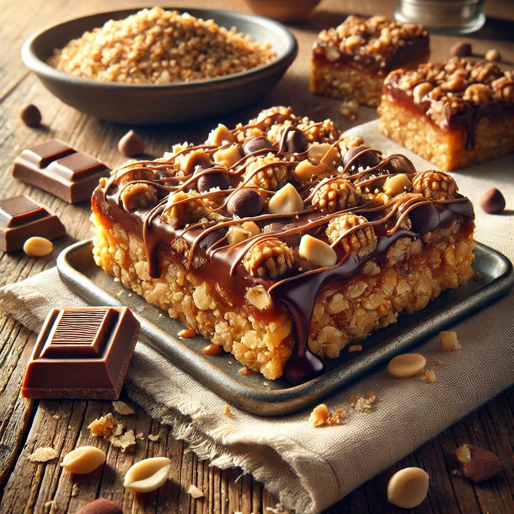 A batch of homemade Baby Ruth bars sits on a rustic wooden table. The bars are golden brown with a glossy, gooey topping made of melted chocolate and butterscotch chips swirled together, sprinkled with chopped peanuts. The bars are cut into neat squares, with a few stacked slightly for a layered look. Scattered peanuts and chocolate chips surround the setup, adding a fresh touch. A small plate holds one bar, and a folded linen napkin is placed nearby. Soft natural light emphasizes the textures and rich, glossy topping.
