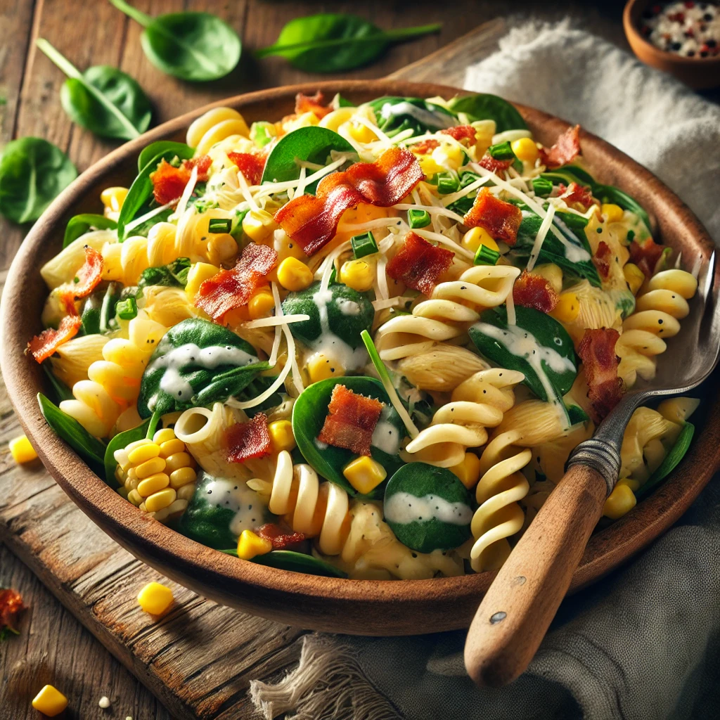 A bowl of bacon, corn, spinach, and ranch pasta salad with tender pasta, crispy bacon, sweet corn, fresh spinach, and creamy ranch dressing on a rustic wooden table. Garnished with shredded cheddar cheese and chopped chives, with a serving spoon lifting a portion. A cozy napkin and wooden plate enhance the warm, inviting atmosphere.