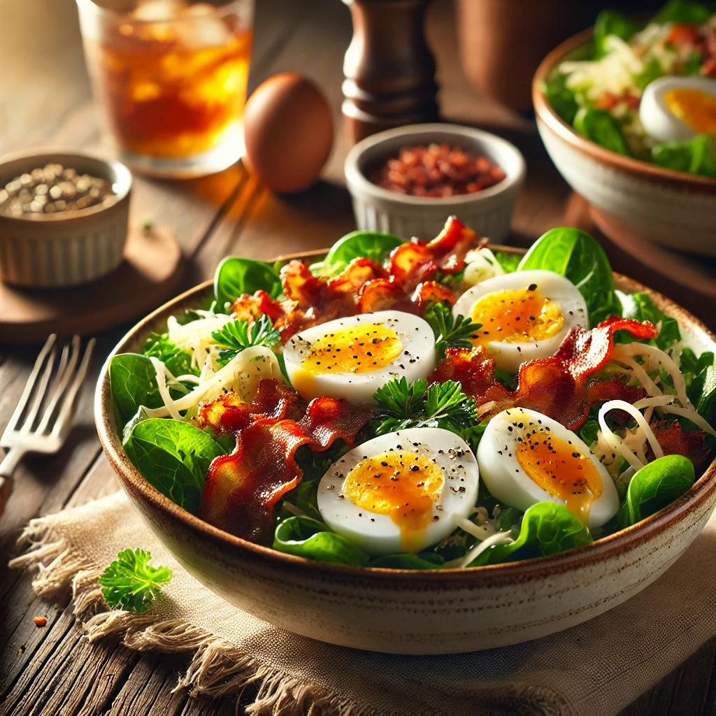 Bacon, Egg, and Swiss Salad with Warm Bacon Vinaigrette in a rustic ceramic bowl, featuring mixed greens topped with crispy bacon crumbles, sliced hard-boiled eggs, and shredded Swiss cheese. Drizzled with warm bacon vinaigrette, set on a wooden table with extra vinaigrette and a glass of iced tea in the softly blurred background.