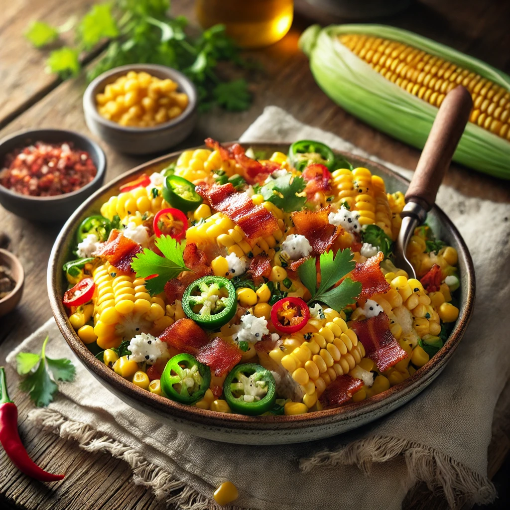 A bowl of bacon jalapeño corn salad with sweet corn, crispy bacon, diced jalapeños, red bell pepper, and a creamy dressing on a rustic wooden table. Fresh cilantro and crumbled cotija cheese garnish the dish, with a serving spoon lifting a portion to reveal the fresh ingredients. A cozy napkin and wooden plate enhance the warm, inviting atmosphere.