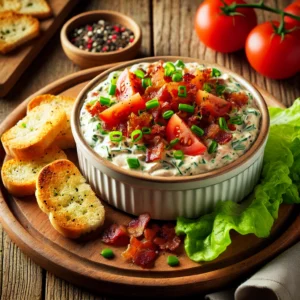 A beautifully plated serving of Bacon, Lettuce, and Tomato Dip served on a rustic wooden table. The dip features a creamy base mixed with crispy bacon bits, chopped lettuce, and diced tomatoes. Garnished with fresh chives and a sprinkle of black pepper. Served in a white ceramic bowl with a side of toasted bread or crackers. The warm wooden table is more visible, providing a cozy and inviting setting.