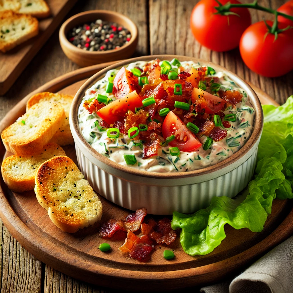 A beautifully plated serving of Bacon, Lettuce, and Tomato Dip served on a rustic wooden table. The dip features a creamy base mixed with crispy bacon bits, chopped lettuce, and diced tomatoes. Garnished with fresh chives and a sprinkle of black pepper. Served in a white ceramic bowl with a side of toasted bread or crackers. The warm wooden table is more visible, providing a cozy and inviting setting.