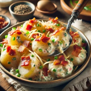 A bowl of bacon-ranch potato salad with tender potato chunks, crispy bacon, creamy ranch dressing, shredded cheese, and fresh chives on a rustic wooden table. The dish is garnished with extra bacon crumbles and black pepper, with a serving spoon lifting a portion to reveal the creamy texture. A cozy napkin and wooden plate enhance the warm, inviting atmosphere.