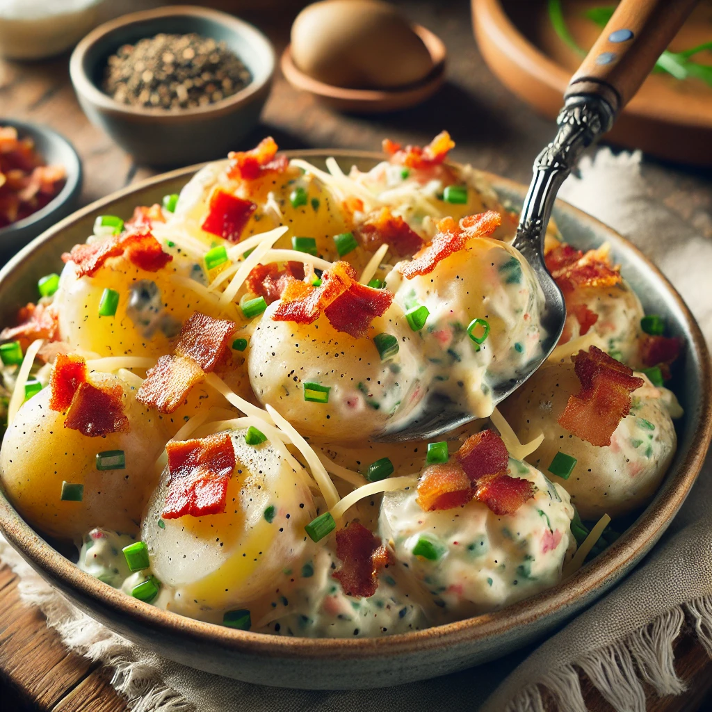 A bowl of bacon-ranch potato salad with tender potato chunks, crispy bacon, creamy ranch dressing, shredded cheese, and fresh chives on a rustic wooden table. The dish is garnished with extra bacon crumbles and black pepper, with a serving spoon lifting a portion to reveal the creamy texture. A cozy napkin and wooden plate enhance the warm, inviting atmosphere.