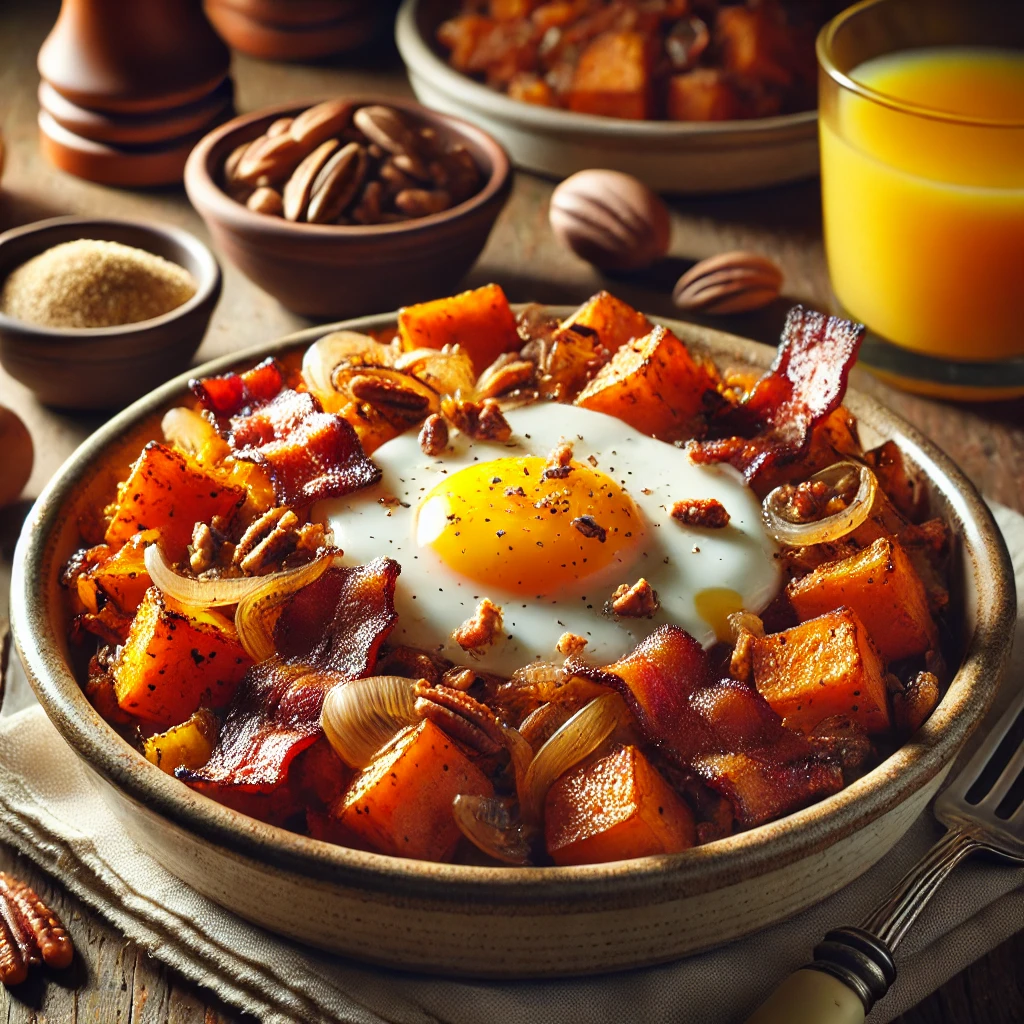 A beautifully plated Bacon Sweet Potato Hash, featuring caramelized sweet potato cubes, crispy bacon bits, and sautéed onions. The dish is garnished with chopped pecans and a drizzle of melted butter, adding richness and crunch. A fried egg sits on top, with a slightly runny yolk. The hash is served in a rustic ceramic bowl, placed on a wooden table with a side of orange juice and a small dish of brown sugar. Soft, warm lighting enhances the cozy and inviting breakfast presentation.