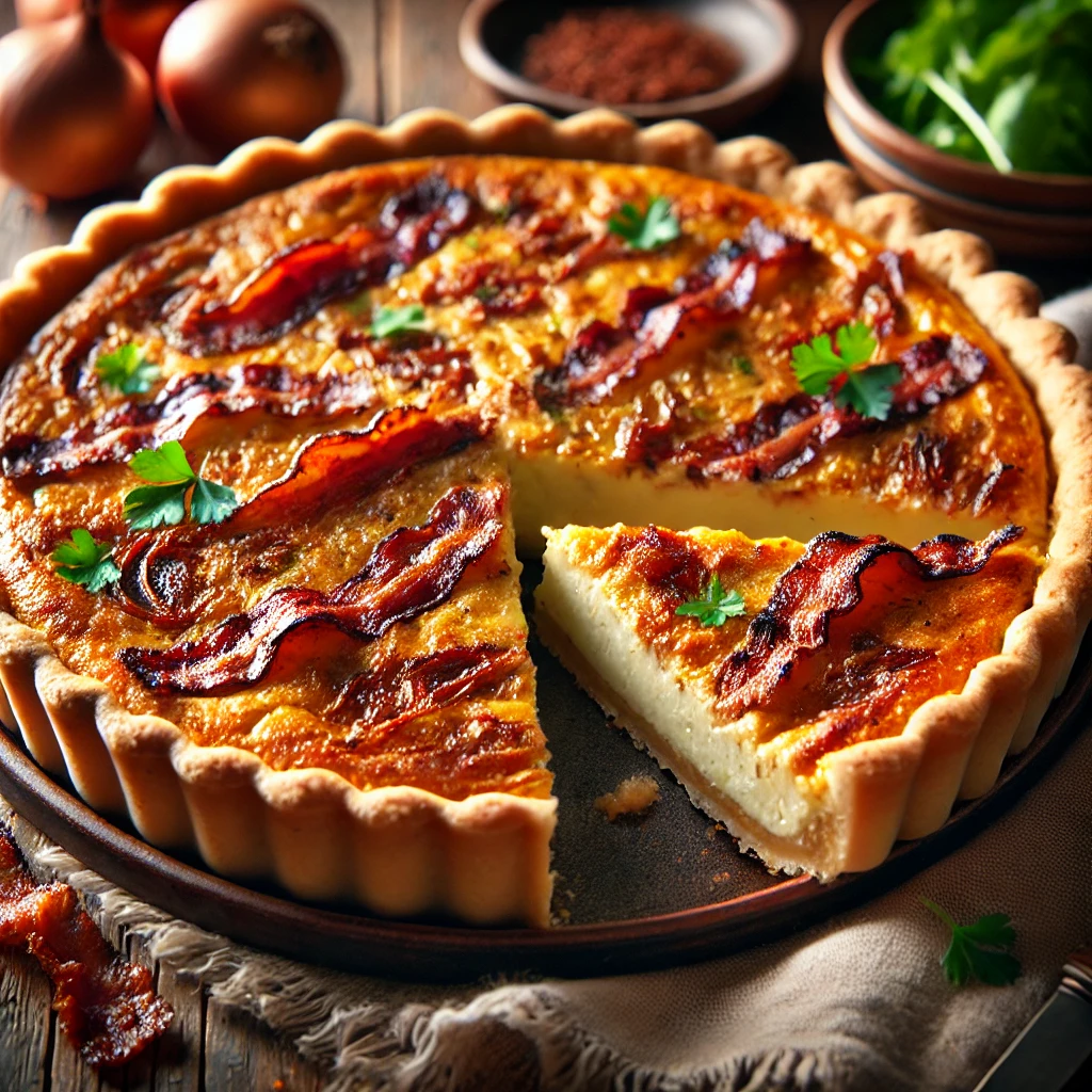A freshly baked Bacon and Onion Quiche with a golden, flaky crust and a rich, creamy filling, topped with crispy bacon pieces, caramelized onions, and flecks of fresh parsley. A slice is cut to reveal the smooth, custardy texture inside. The quiche sits on a rustic wooden table, served on a ceramic plate with a side of fresh greens. Warm, natural lighting enhances the inviting textures and colors.