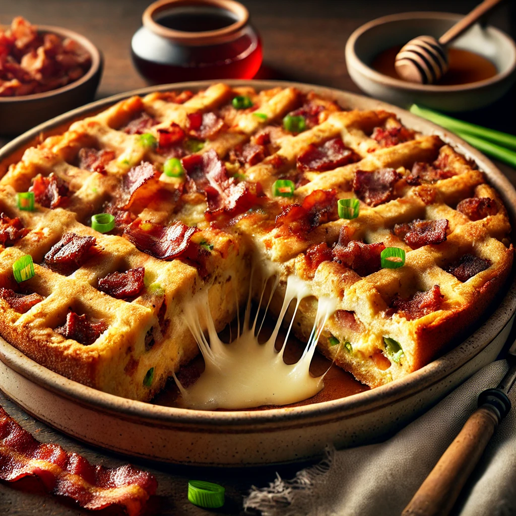 A delicious Bacon and Waffle Strata, freshly baked with a golden, crispy top. Layers of toasted waffle cubes, crispy bacon, and melted Colby cheese are visible in a sliced portion. The casserole is garnished with chopped green onions and served in a rustic ceramic dish. It sits on a wooden table, accompanied by a small dish of maple syrup, a linen napkin, and a fork. Warm, natural lighting enhances the inviting textures and rich, comforting colors.
