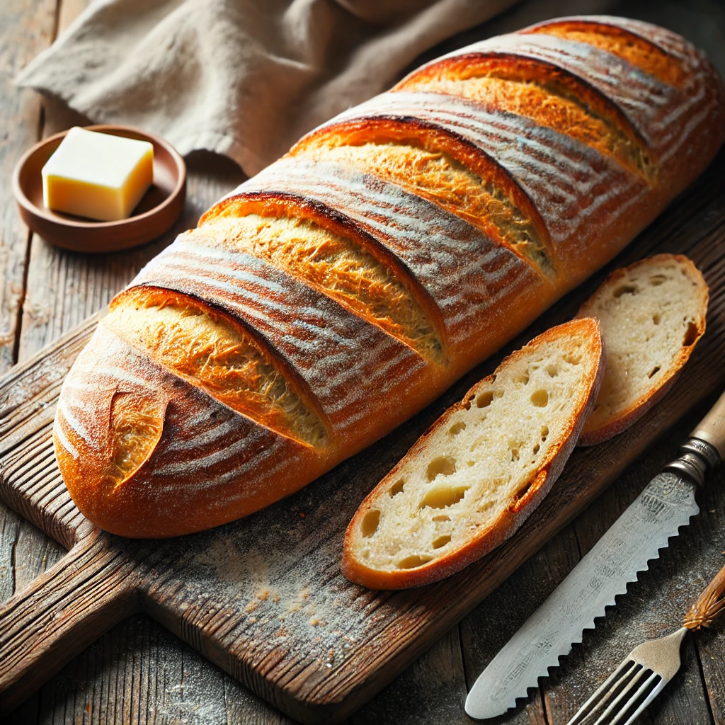 A freshly baked baguette on a rustic wooden table, featuring a golden, crispy crust with diagonal slashes on top. A few slices are cut to reveal the soft, airy interior with an open crumb. The bread rests on a wooden cutting board, with scattered flour, a serrated bread knife, and a small dish of butter nearby. Soft natural lighting enhances the warm, inviting tones.