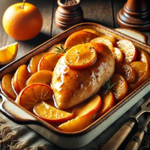 Alt text: A beautifully plated Baked Apple Chicken Casserole, featuring tender, golden-brown chicken breasts resting on a bed of caramelized tart apples. The dish is glazed with a honey-orange sauce, giving it a rich, glossy sheen. Garnished with fresh orange slices, the casserole is served in a rustic ceramic baking dish. The dish sits on a wooden table, with soft, warm lighting enhancing its inviting and flavorful presentation.