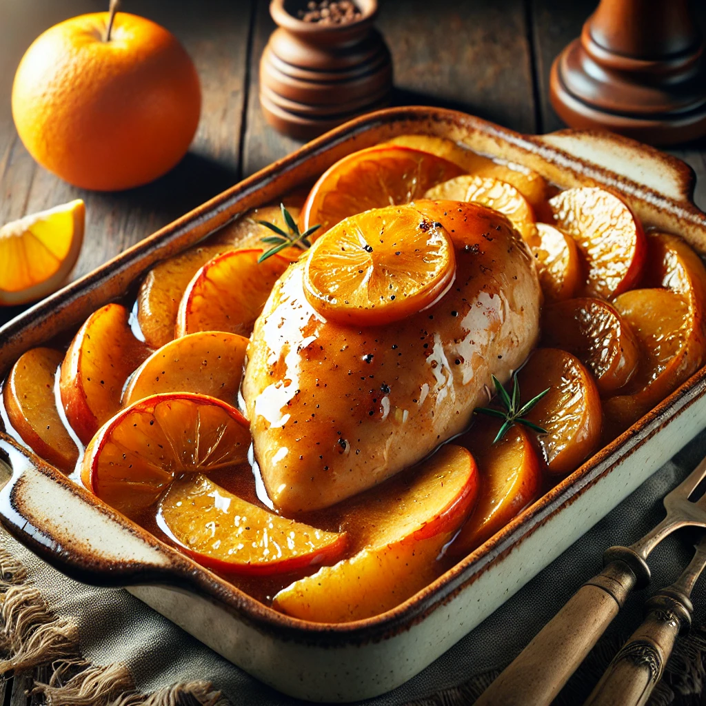 Alt text: A beautifully plated Baked Apple Chicken Casserole, featuring tender, golden-brown chicken breasts resting on a bed of caramelized tart apples. The dish is glazed with a honey-orange sauce, giving it a rich, glossy sheen. Garnished with fresh orange slices, the casserole is served in a rustic ceramic baking dish. The dish sits on a wooden table, with soft, warm lighting enhancing its inviting and flavorful presentation.