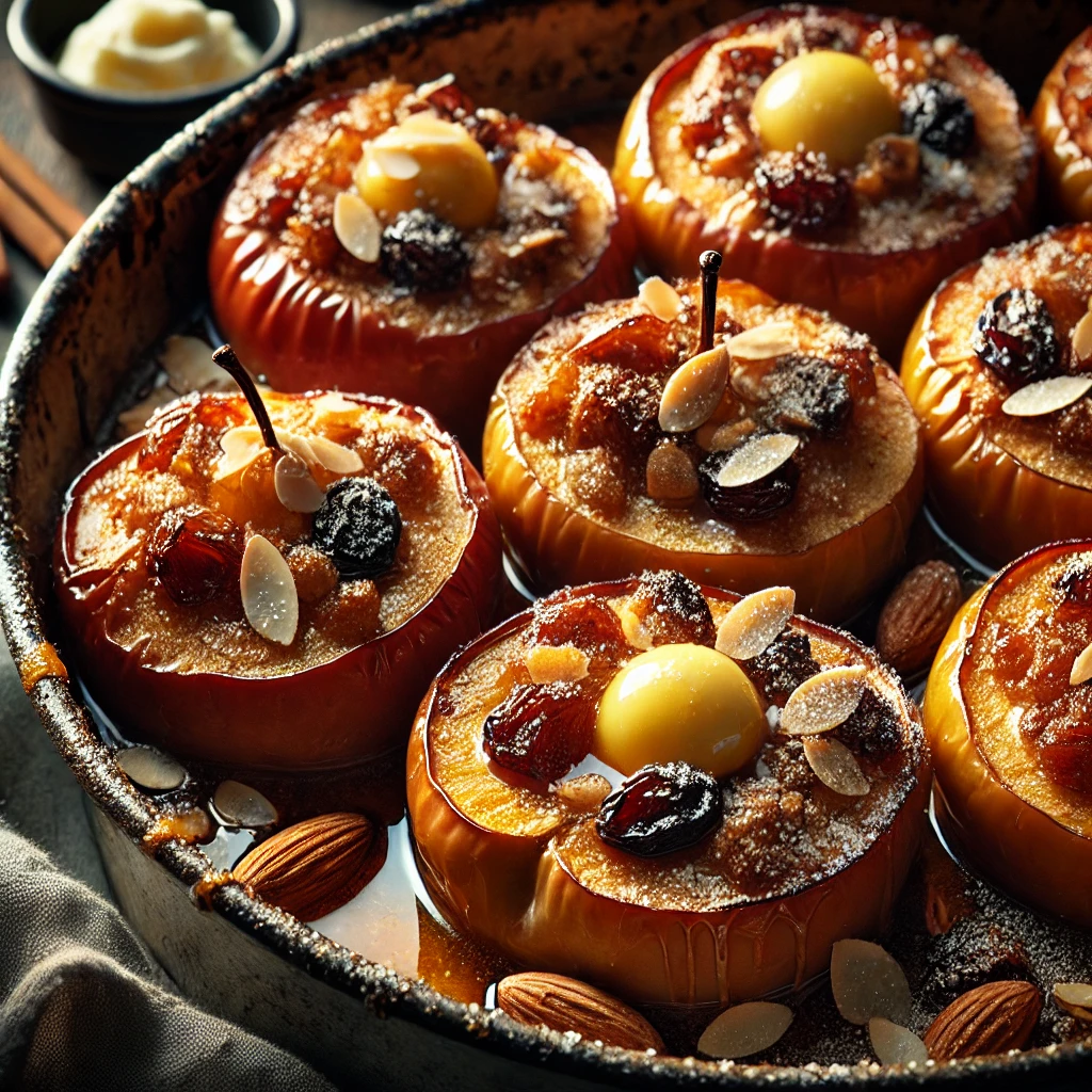 A batch of beautifully baked apples, golden and caramelized, filled with dried fruit, muscovado sugar, and cinnamon. Each apple is topped with a knob of butter and flaked almonds. The apples are arranged in a rustic baking dish with bubbling juices and are served alongside a small bowl of cream or ice cream. Warm, natural lighting highlights the inviting textures and rich colors.