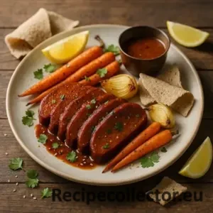 A 600×600 photoreal image—sliced berbere-glazed seitan on a matte off-white ceramic plate with roasted baby carrots and onions, lemon wedges, torn injera, and a small copper cup of berbere sauce; subtle cilantro and sesame garnish; shallow depth-of-field with soft side/back natural light; on the same rustic plank wooden table; no text on the image.