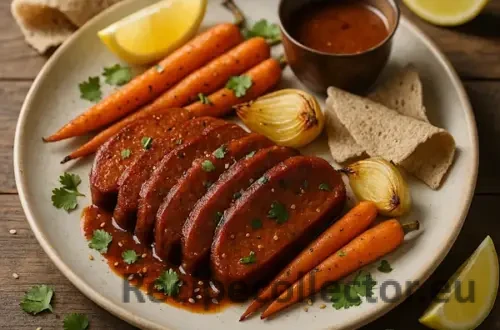 A 600×600 photoreal image—sliced berbere-glazed seitan on a matte off-white ceramic plate with roasted baby carrots and onions, lemon wedges, torn injera, and a small copper cup of berbere sauce; subtle cilantro and sesame garnish; shallow depth-of-field with soft side/back natural light; on the same rustic plank wooden table; no text on the image.