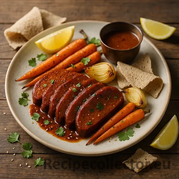A 600×600 photoreal image—sliced berbere-glazed seitan on a matte off-white ceramic plate with roasted baby carrots and onions, lemon wedges, torn injera, and a small copper cup of berbere sauce; subtle cilantro and sesame garnish; shallow depth-of-field with soft side/back natural light; on the same rustic plank wooden table; no text on the image.