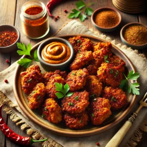 A plate of Baked Berbere Seitan with crispy, golden pieces coated in spicy berbere seasoning, garnished with parsley, served alongside a bowl of dipping sauce on a wooden table with a jar of spice blend nearby.