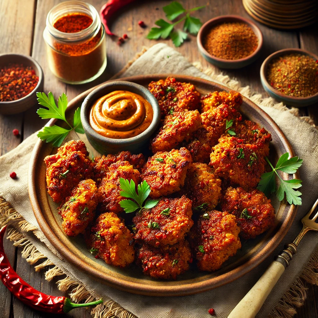 A plate of Baked Berbere Seitan with crispy, golden pieces coated in spicy berbere seasoning, garnished with parsley, served alongside a bowl of dipping sauce on a wooden table with a jar of spice blend nearby.