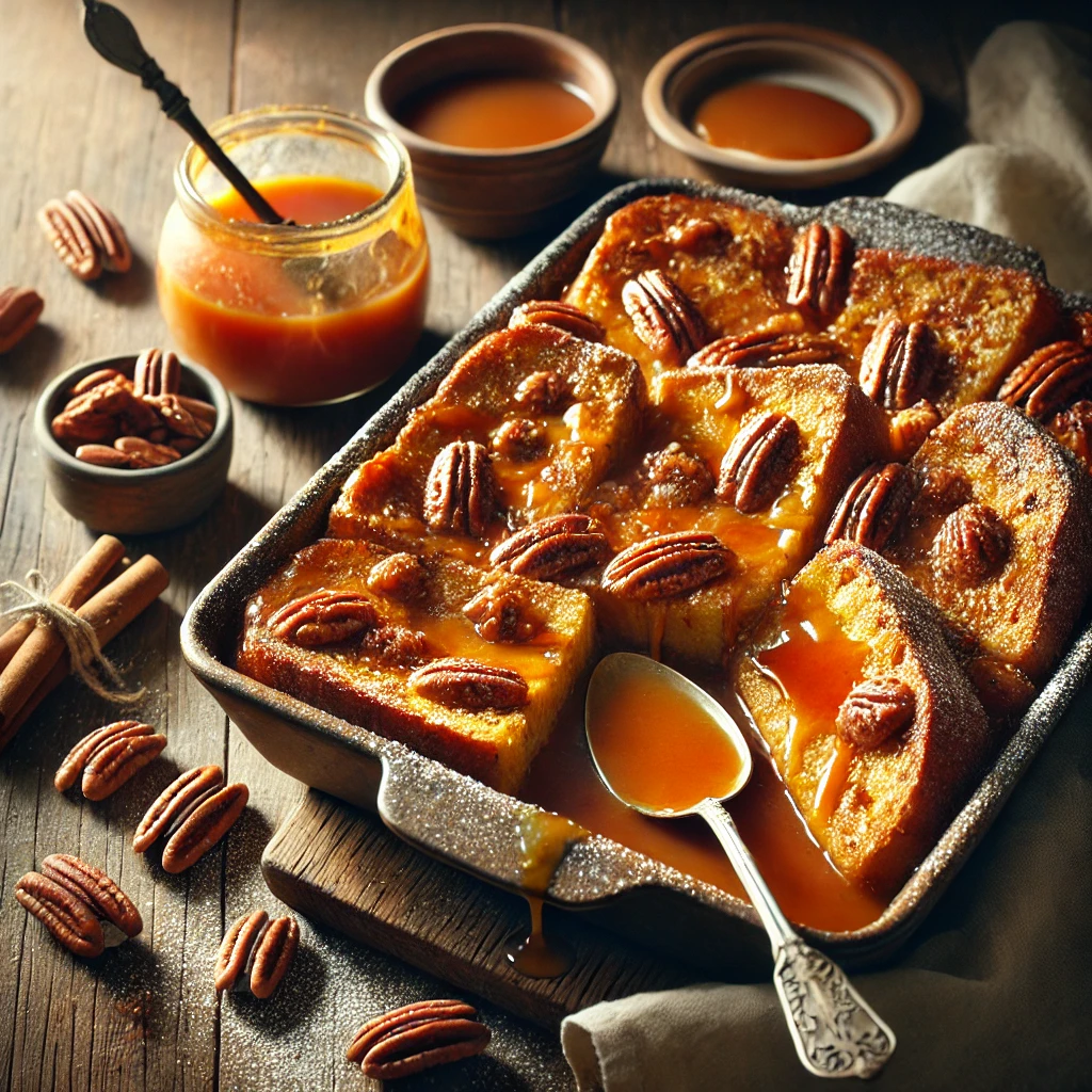 A rustic presentation of baked caramel-pecan French toast, elegantly arranged on a wooden table. The dish features thick slices of golden brown French toast baked with a rich caramel sauce and crunchy toasted pecans. A drizzle of extra caramel cascades over the top, with a dusting of powdered sugar for added sweetness. A serving spoon rests inside the dish, revealing the gooey layers. Scattered around are whole pecans, cinnamon sticks, and a small dish of caramel sauce. Soft natural lighting enhances the warm and indulgent feel, with gentle shadows and a hint of rustic kitchen elements in the background.