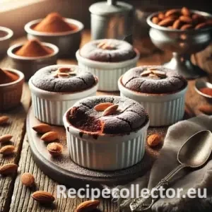 Individual ramekins filled with baked chocolate almond pudding, lightly dusted with powdered sugar, sitting on a rustic wooden surface surrounded by whole almonds and cocoa.