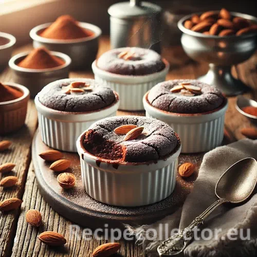 Individual ramekins filled with baked chocolate almond pudding, lightly dusted with powdered sugar, sitting on a rustic wooden surface surrounded by whole almonds and cocoa.