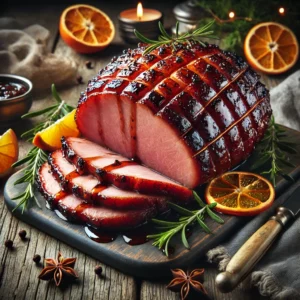 A baked ham with a caramelized balsamic–brown sugar glaze, sliced to reveal its tender texture, drizzled with extra glaze on a rustic wooden table. Garnished with fresh rosemary sprigs, orange slices, and whole cloves, with a cozy napkin and wooden cutting board adding to the warm, homey atmosphere.