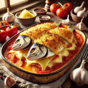 Snapper Casserole with Gruyere Cheese, featuring tender fillets (no head shown), baked with tomato puree and topped with a golden layer of melted Gruyere cheese, presented in a rustic and cozy kitchen setting.