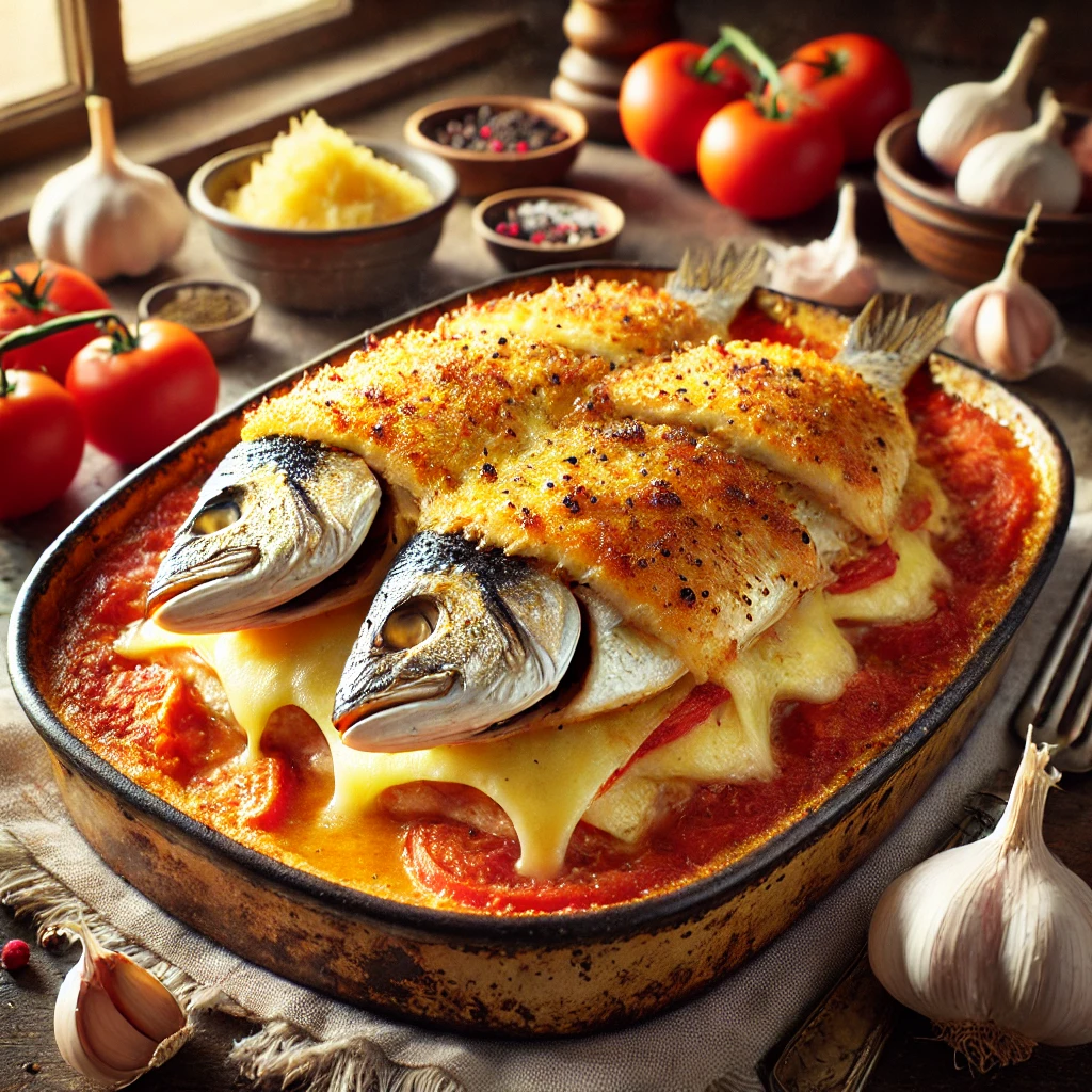 Snapper Casserole with Gruyere Cheese, featuring tender fillets (no head shown), baked with tomato puree and topped with a golden layer of melted Gruyere cheese, presented in a rustic and cozy kitchen setting.