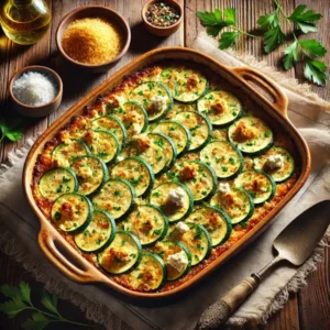 Ultra-sharp image of thin zucchini slices baked with crumbled feta, breadcrumbs, and herbs until golden brown, garnished with parsley. Served in a round ceramic dish on a rustic wooden dining table with serving spoon and linen napkin, captured in bright natural light.