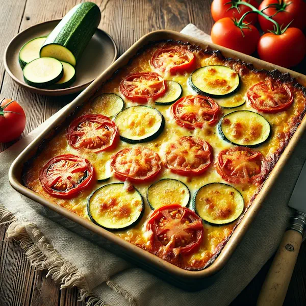 Ultra-sharp image of a golden-brown casserole with layers of zucchini, ripe tomatoes, and melted cheese. Served in a rectangular ceramic baking dish on a rustic wooden dining table with serving spoon and linen napkin, captured in bright natural light.