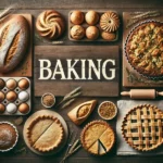 A rustic flat lay representing baking on a medium-dark wooden table with horizontal planks. The image combines rustic bread, bread machine loaf, sliced bread, buns, a pie with slices, a quiche, and a tart. At the top, the word 'BAKING' is written in large cream-colored serif letters, centered and clearly visible.