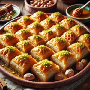 A beautifully plated batch of Baklava, featuring golden, flaky layers of phyllo dough filled with finely chopped nuts and drizzled with honey syrup. The baklava pieces are cut into neat diamond shapes and garnished with crushed pistachios. Displayed on a rustic ceramic plate, they are accompanied by a small dish of honey and cinnamon sticks. The scene is set on a wooden table with soft, warm lighting enhancing the inviting and indulgent presentation.