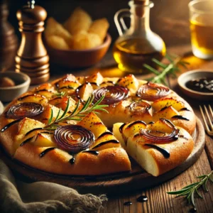 Balsamic Onion and Potato-Topped Focaccia on a rustic wooden board, featuring golden-brown focaccia topped with roasted potatoes, caramelized balsamic onions, and fresh rosemary. Drizzled with olive oil, set on a wooden table with a bowl of balsamic glaze and a glass of red wine in the softly blurred background.