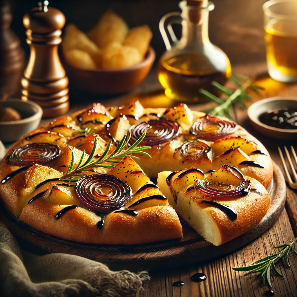 Balsamic Onion and Potato-Topped Focaccia on a rustic wooden board, featuring golden-brown focaccia topped with roasted potatoes, caramelized balsamic onions, and fresh rosemary. Drizzled with olive oil, set on a wooden table with a bowl of balsamic glaze and a glass of red wine in the softly blurred background.