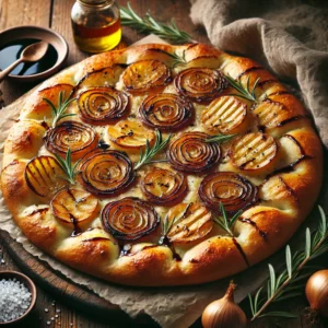 A rustic wooden board with golden focaccia bread topped with thinly sliced potatoes, caramelized balsamic onions, fresh rosemary, and flaky sea salt, accompanied by a bowl of balsamic glaze and rosemary sprigs.