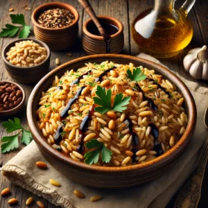 A rustic ceramic bowl of Balsamic Rice and Orzo Pilaf, mixed with toasted pine nuts and garnished with fresh parsley, set on a wooden table with a bowl of pine nuts and a bottle of balsamic glaze nearby.