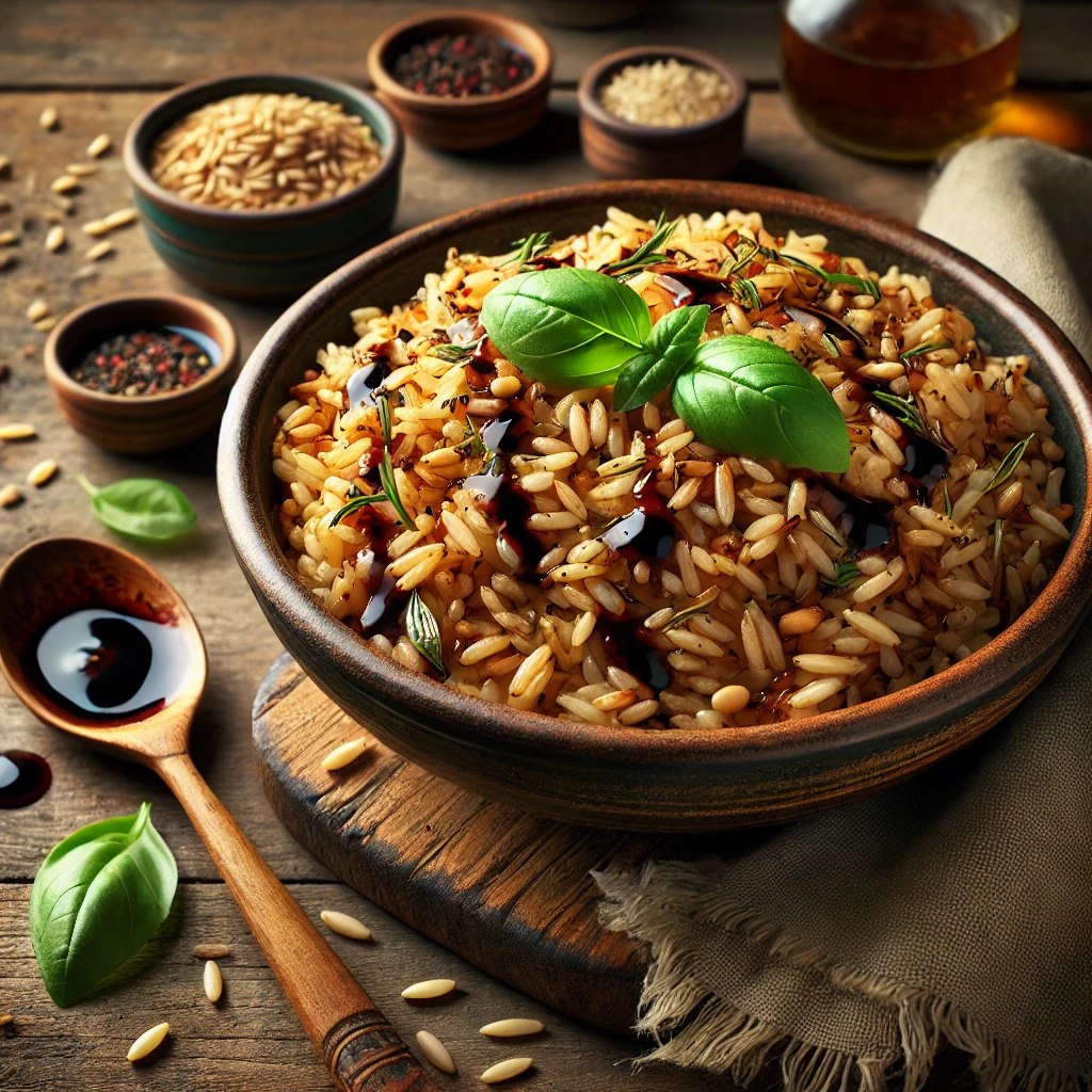 A rich balsamic rice and orzo pilaf in a rustic ceramic bowl on a wooden table, garnished with fresh basil and toasted pine nuts. A wooden spoon rests nearby, with uncooked orzo, rice grains, and balsamic drizzle scattered around for a cozy, home-cooked feel. Soft natural lighting highlights the textures and colors.