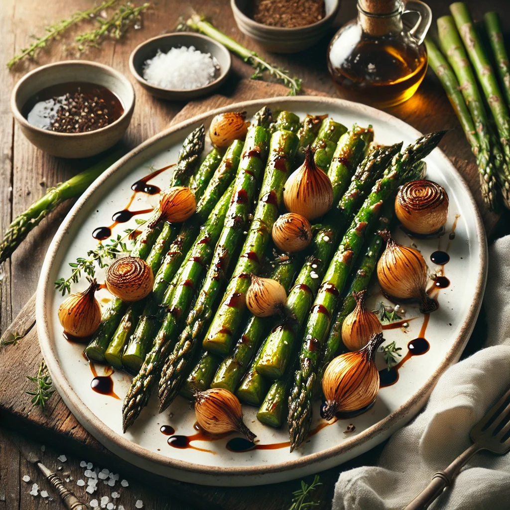 A white ceramic platter with balsamic roasted asparagus and caramelized pearl onions, garnished with fresh thyme and coarse sea salt, set on a wooden table with balsamic glaze and fresh asparagus in the background.