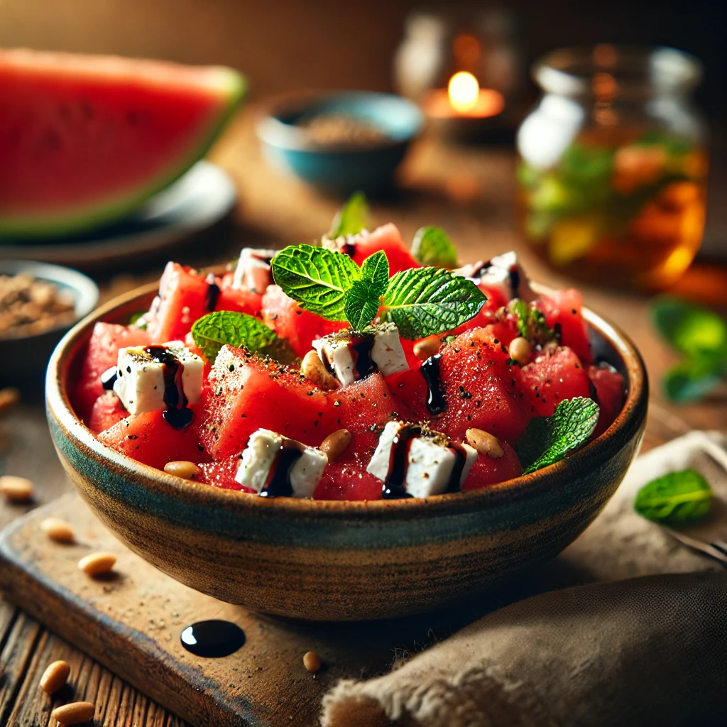Balsamic Watermelon Feta Salad in a rustic ceramic bowl, featuring juicy cubed watermelon with crumbled feta cheese, fresh mint leaves, and a drizzle of balsamic glaze. Garnished with black pepper and toasted pine nuts, set on a wooden table with extra balsamic glaze and a glass of iced herbal tea in the softly blurred background.