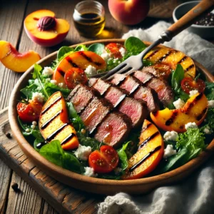 A plate of balsamic grilled steak salad with tender steak slices, grilled peaches, cherry tomatoes, and crumbled feta over fresh greens on a rustic wooden table. A drizzle of balsamic reduction enhances the dish, with a serving fork lifting a piece of steak. A cozy napkin and wooden plate add to the warm, inviting atmosphere.