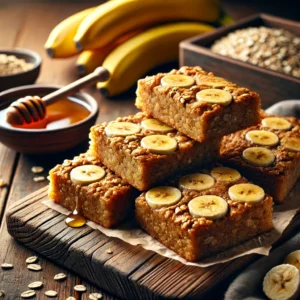 A beautifully plated batch of Banana Barley Bars, featuring golden-brown bars made with ripe bananas and wholesome barley flour. The bars have a soft, chewy texture and are topped with a light drizzle of honey and a sprinkle of oats. Displayed on a rustic wooden board, they are accompanied by fresh banana slices and a small dish of honey. The scene is set on a wooden table with soft, warm lighting enhancing the cozy and nutritious presentation.