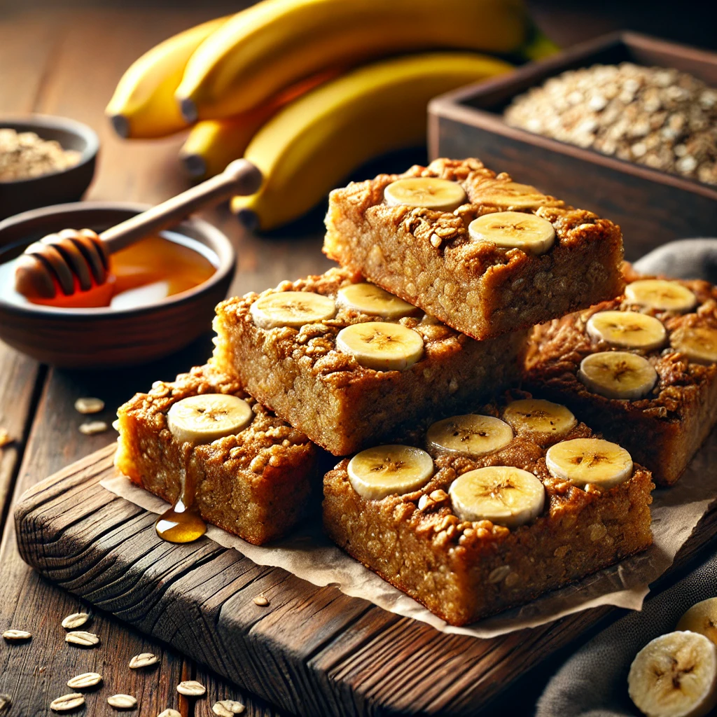 A beautifully plated batch of Banana Barley Bars, featuring golden-brown bars made with ripe bananas and wholesome barley flour. The bars have a soft, chewy texture and are topped with a light drizzle of honey and a sprinkle of oats. Displayed on a rustic wooden board, they are accompanied by fresh banana slices and a small dish of honey. The scene is set on a wooden table with soft, warm lighting enhancing the cozy and nutritious presentation.