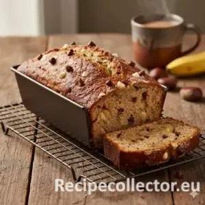A freshly baked, rich brown banana bread with ground chestnuts and white chocolate chips, resting on a wire rack to cool completely.