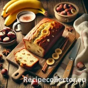 A cozy, rustic kitchen scene with a sliced banana chestnut quick bread featuring visible white chocolate chips. The bread rests on a wooden board surrounded by roasted chestnuts, ripe bananas, and a warm mug of chai. Soft natural light enhances the warm, inviting winter atmosphere.