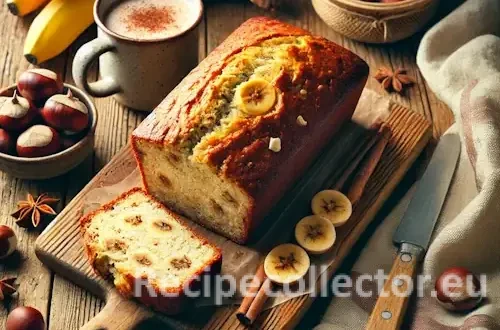 A cozy, rustic kitchen scene with a sliced banana chestnut quick bread featuring visible white chocolate chips. The bread rests on a wooden board surrounded by roasted chestnuts, ripe bananas, and a warm mug of chai. Soft natural light enhances the warm, inviting winter atmosphere.